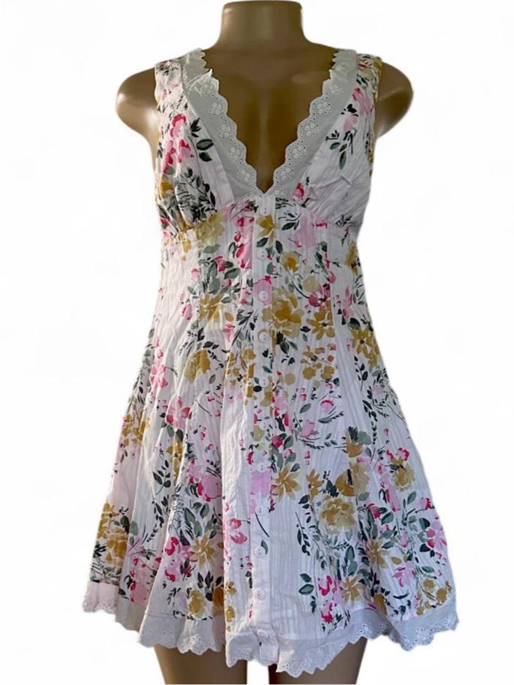 wild fable White Floral Eyelet V-Neck Mini Dress with Pink and Yellow Blossoms